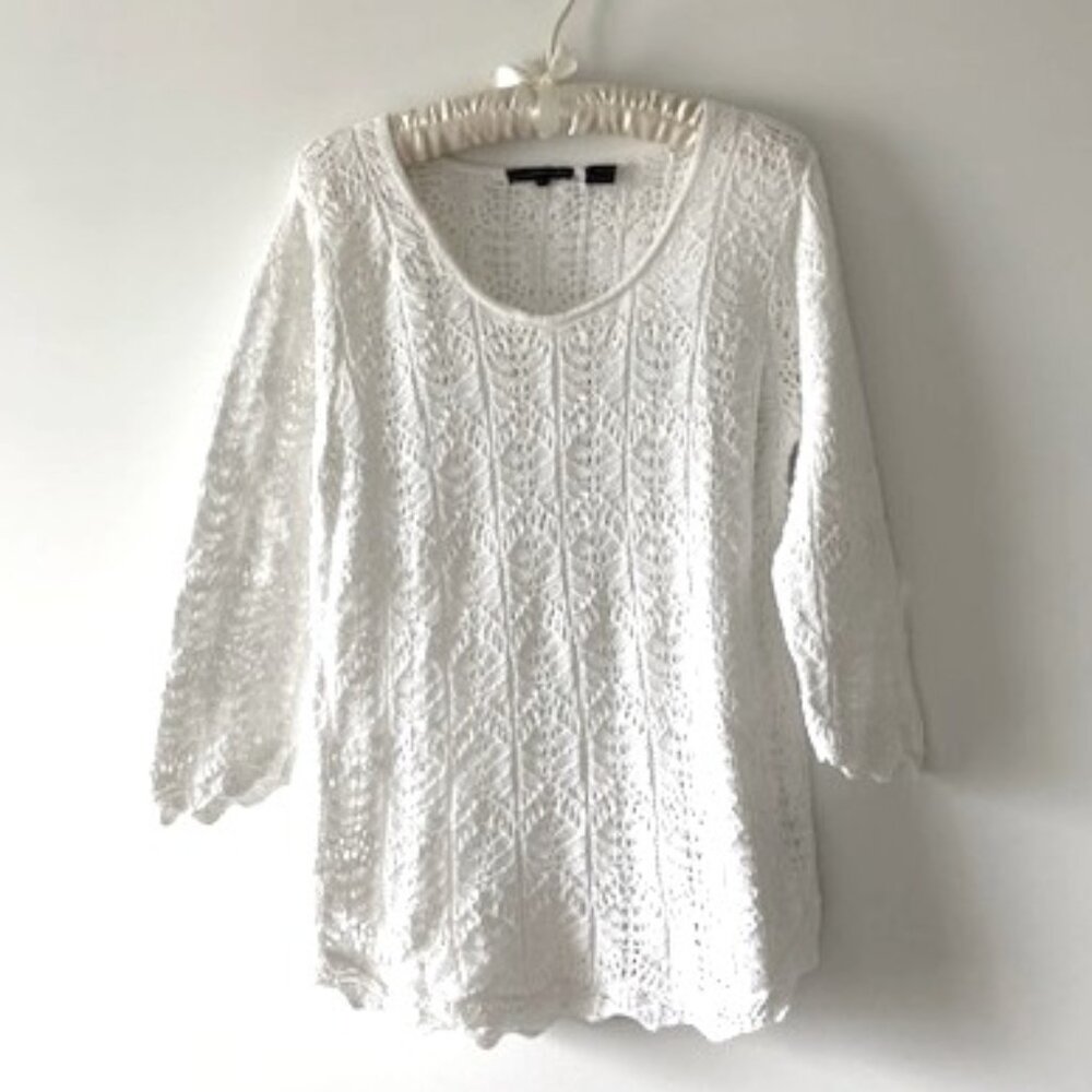 Jeanne Pierre White Cotton Lace Sweater with Scalloped Edges